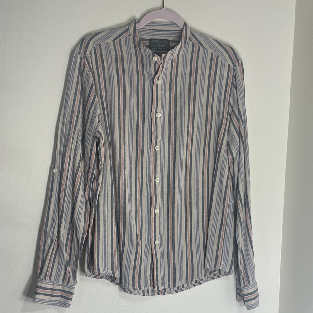 Primark Linen Blend Striped Grandad Collar Shirt Regular Fit